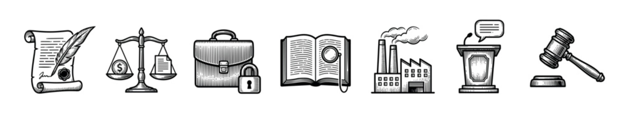 Set of black and white law icons in a vintage engraved style, illustrating justice, business, and legal concepts with a gavel, scales, scroll, factory, and podium