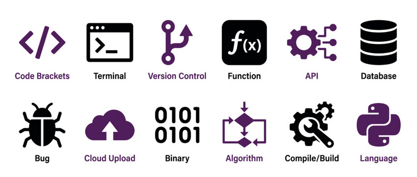 Collection of programming and software development icons representing concepts like coding, database, API, algorithm, bug, and version control in a flat, minimalist vector style