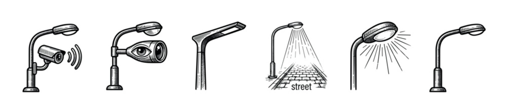 Set of six hand-drawn streetlight icons in a vintage sketch style, depicting various lamps, modern LED lights, and security concepts with a CCTV camera and a surreal watching eye