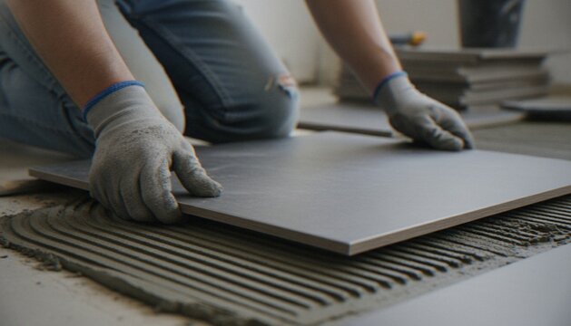 A close-up view of a professional construction worker wearing gloves laying a large grey ceramic tile on a bed of fresh adhesive on a floor surface during a home renovation project.