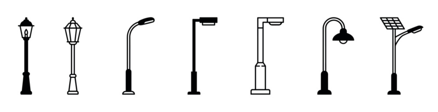 Set of various street light icons showing different designs from vintage lanterns to modern LED and solar powered lamps in a simple black silhouette and line art graphic style