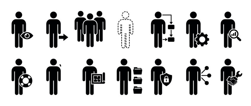 Set of black business management icons representing human resources, workflow, data analysis, security, and technical support concepts in a minimalist glyph style