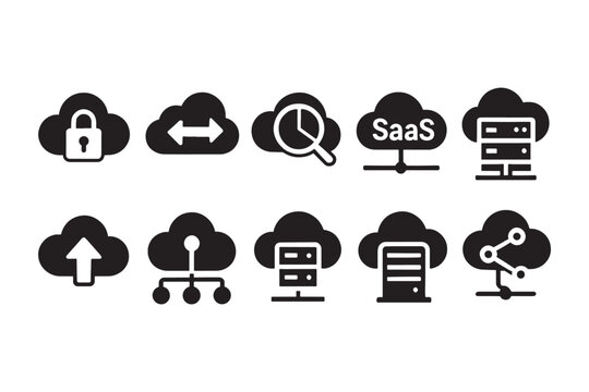 Cloud storage, cloud security, cloud sync, cloud analytics, SaaS, hosting, server, backup, infrastructure, networking logos, vector logos, grid layout, flat design.