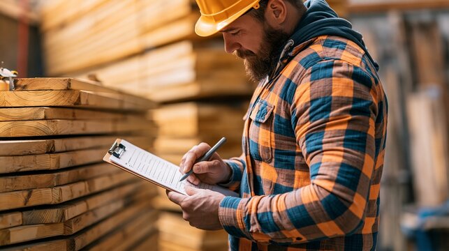 Candid medium shot of project supervisor checking off subcontractor duties on clipboard next to lumber piles soft side lighting enhancing realistic construction site details.