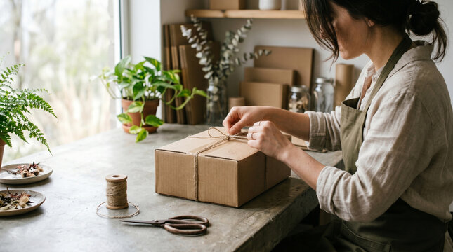 Woman wrapping a cardboard box with twine in a rustic workshop