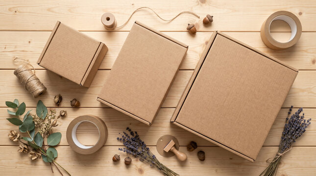 Flat lay of cardboard shipping boxes with packaging supplies on wood