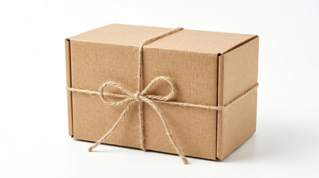Cardboard box tied with twine isolated on white background