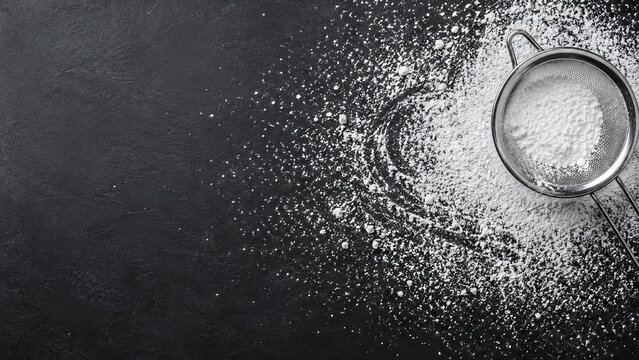 White flour being sifted through steel mesh sieve on dark textured kitchen table surface. Baking preparation process, ingredient dusting concept for homemade pastry and bakery dessert