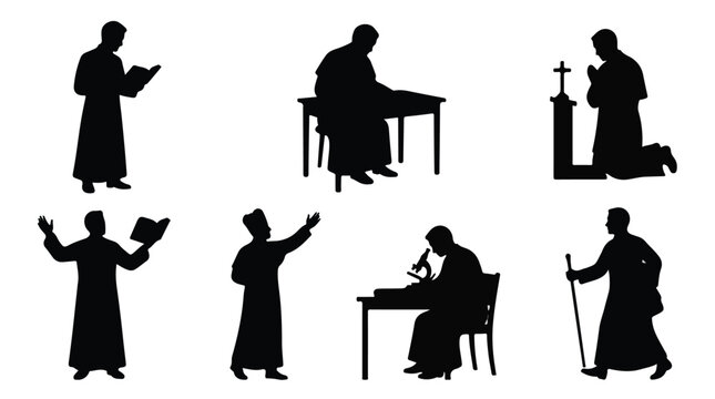 Clergyman holding open book in minimalist black silhouette vector illustration

