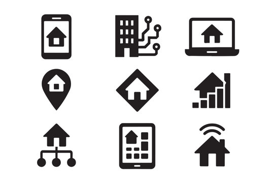 Real estate technology, property app, smart building, digital property, real estate analytics, proptech platform, home search, property management, smart housing, proptech logos, vector logos.
