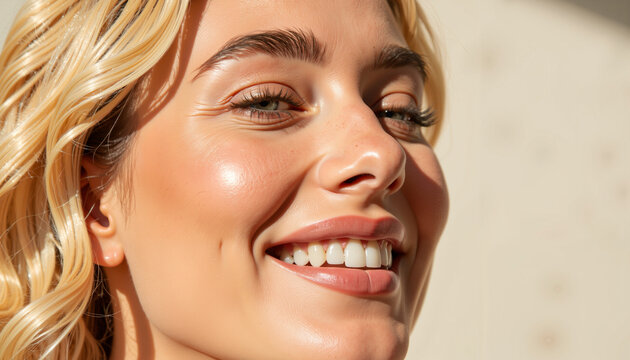 Young woman smiling with glowing skin in bright sunlight outdoors  