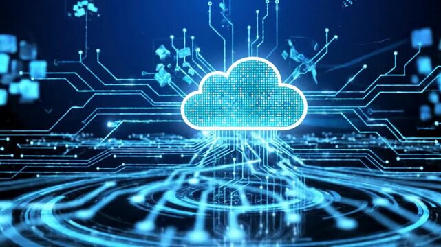 Cloud computing animation with digital data network, online storage technology, secure information transfer and futuristic cyber infrastructure concept