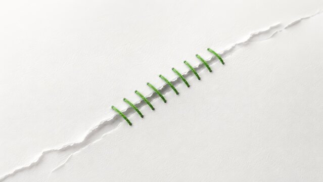 Torn paper seam with green thread stitching on white background, close-up detail. concept of repair, artistic expression, minimalist design, creative diy projects.