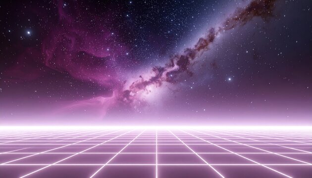 Futuristic landscape featuring a grid floor and a vast nebula galaxy in the sky