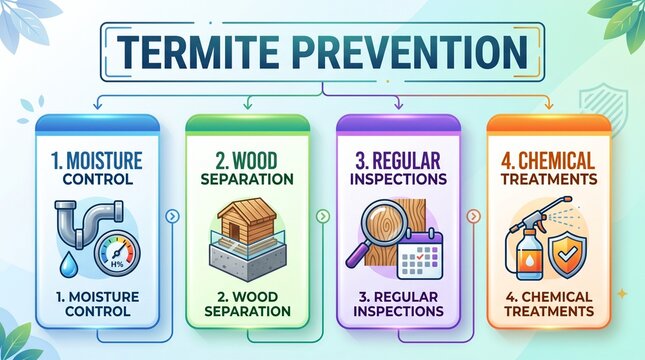 Termite prevention infographic with moisture control and wooden structures  