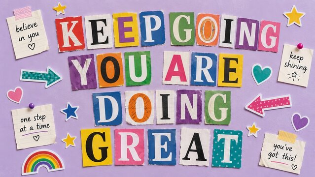 Motivational ransom note style collage with inspirational quotes in colorful cut out magazine letters on purple background