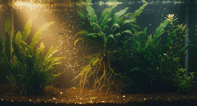 Lush Freshwater Planted Aquarium with Visible Roots and Sunlit Bubbles