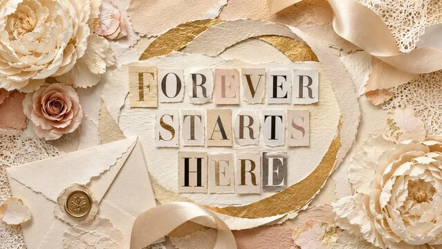 Forever starts here message created with cut out magazine paper letters on ornate wedding background. Romantic concept for wedding invitation, anniversary card or engagement celebration