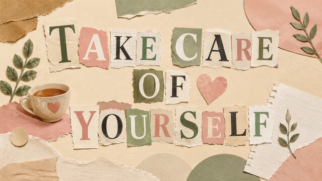 Encouraging ransom note style collage with take care of yourself message using cut out magazine paper letters on artistic background