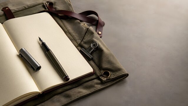Business, leather, wallet aesthetic flat lay composition on a soft neutral background