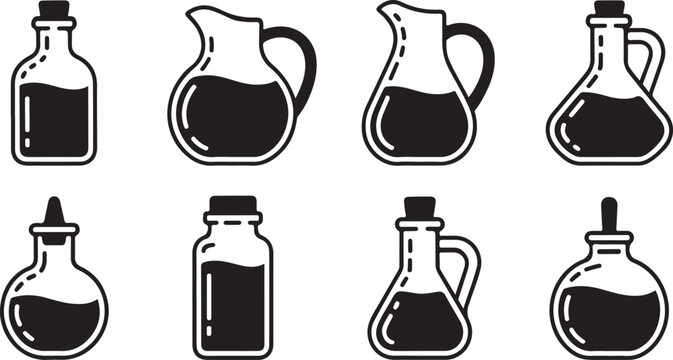 Vector illustration of various glass bottles and flasks with liquid and empty containers