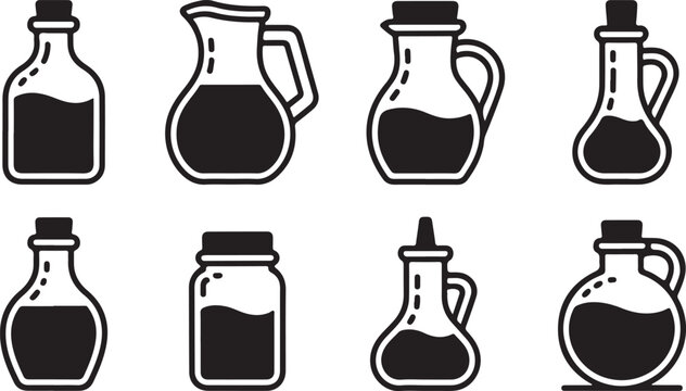Vector illustration of various glass bottles and flasks with liquid and empty containers