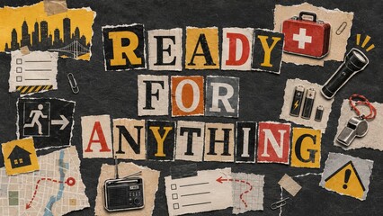 Fototapeta premium Ready for anything ransom note style typography. Collage of cut out paper letters with survival gear icons. Preparation for emergency, disaster response, and safety planning concept