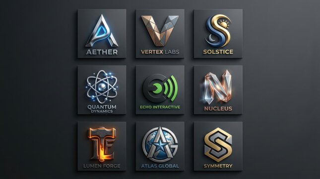 Nine modern corporate logo icons on dark textured grid