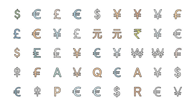 Diverse currency symbols scattered across a light background.