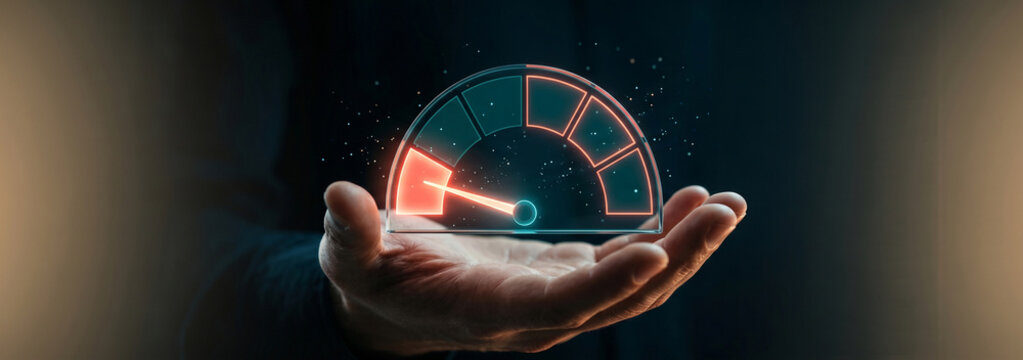Digital Speedometer Interface Held in Hand with Futuristic Glow