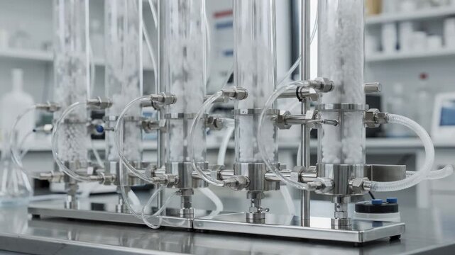 Medium shot of chromatography purification columns with stainless steel manifolds and tubing set for protein capture showcasing detailed packing and fluid connections in a