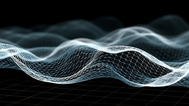 Abstract flowing digital wireframe mesh showing complex wave patterns against a dark solid black background