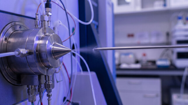 Electrospray ionization plume close up in chemistry lab