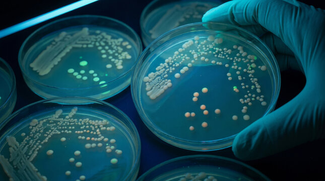 Gloved hand holding fluorescent bacterial culture under UV