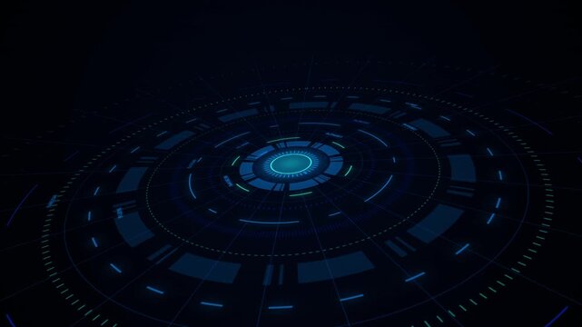 circular HUD interface rotating in perspective with data rings.