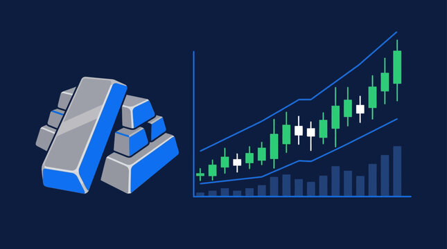 Silver bars and upward trending stock market graph, financial concept