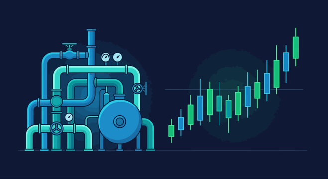 Industrial pipeline system with rising stock market candlestick chart, flat vector illustration