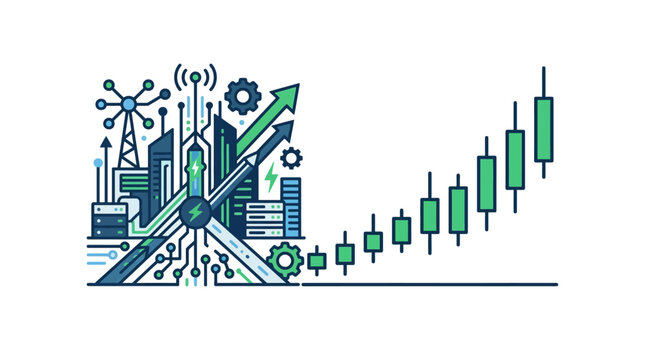 Vector illustration of smart city technology and financial market growth with uptrend graph