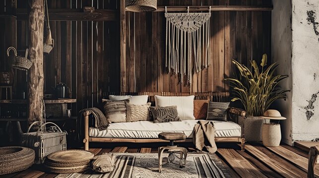 Cozy Rustic Bohemian Living Room with Wooden Walls, Macrame Decor, and Lush Plants