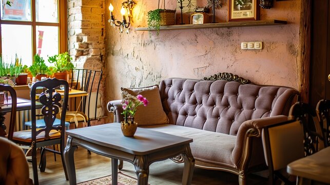Cozy Rustic Caf? Interior With A Tufted Sofa, Vintage Furniture, And Warm Natural Light
