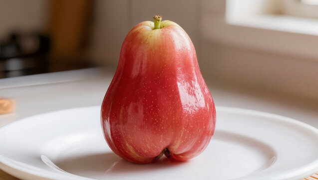 Fresh Vibrant Rose Apple on White Plate - Healthy Tropical Fruit Close-up