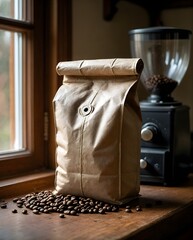 Naklejka premium Coffee Bean Bag Beside Grinder After Morning Coffee Preparation
