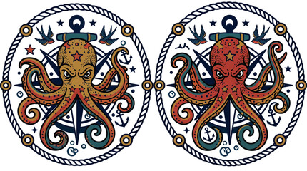 Kraken octopus with anchor nautical tattoo illustration. © asepta