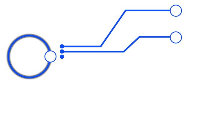 Blue circuit board lines and nodes growing from a central circle on white background. Technology, network connection, or digital data concept.