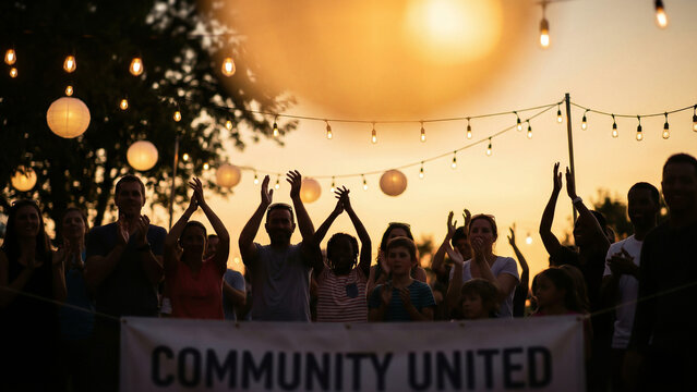 Golden Sunset Community Celebration Crowd Raising Hands Under String Lights and Lanterns Representing Joy and Unity Perfect for Event Marketing and Advertising Brochure