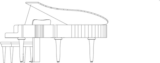 Technical 2D vector line drawing of a grand piano side elevation view with an open lid and a matching bench for architectural interior design blueprints. © Riki