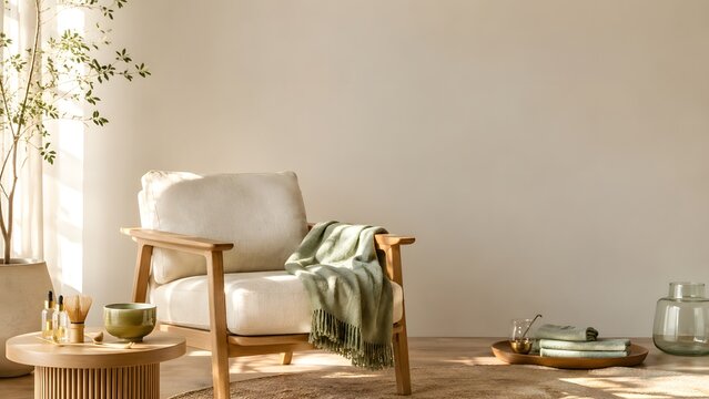 Interior, room, sofa aesthetic flat lay composition on a soft neutral background