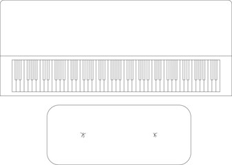Top-down architectural plan view of a piano keyboard and bench. Monochrome technical line art for floor plans. © Riki