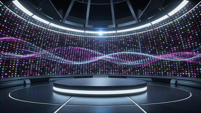 Futuristic circular stage with glowing digital data wall and light waves. Futuristic video background.