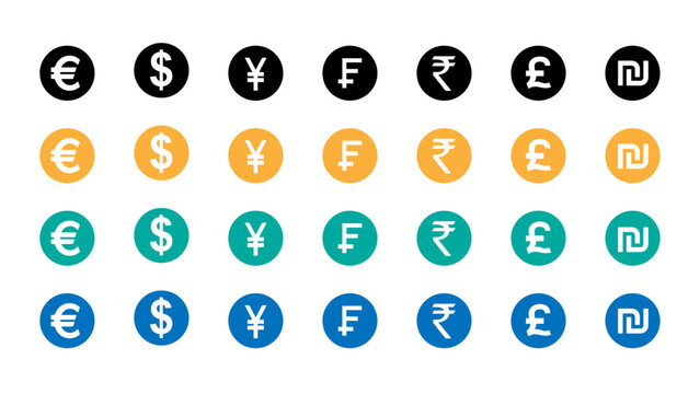 World Currency Symbol Icon Set &mdash; Euro, Dollar, Yen, Franc, Rupee, Pound and Shekel Coin Icons in Multiple Colors